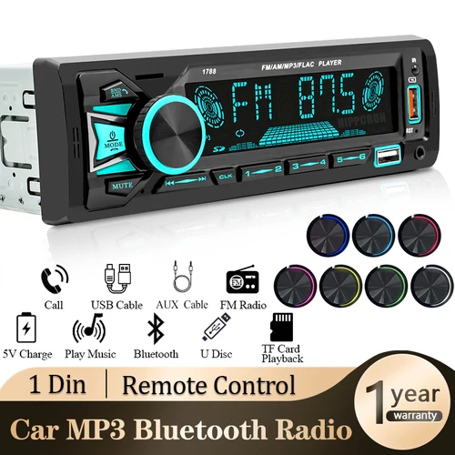 Hippcron Radio de coche 1din Srereo reproductor de MP3 Bluetooth receptor FM con Control remoto AUX/USB/TF soporte carga de teléfono