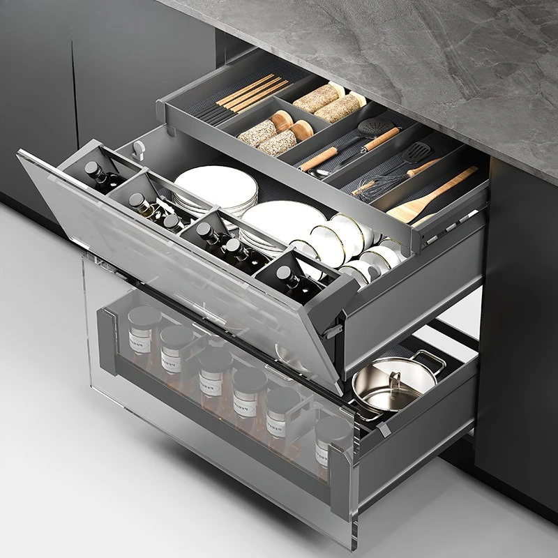 Drawing basket cabinet tilt to draw dishes and dishes at will, three-layer drawer type seasoning pot storage rack