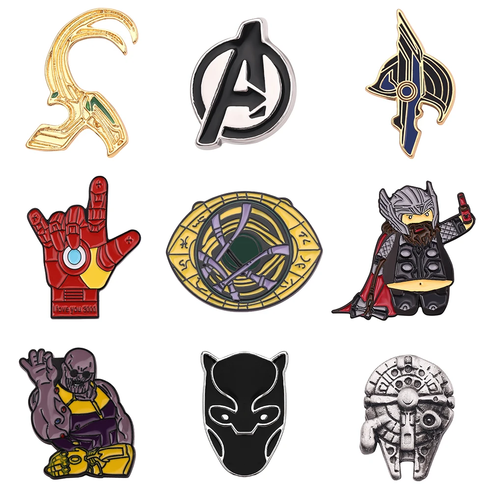 Marvel Superhero Collection Brooch Loki Thanos Iron Man Black Panther Hulk The Avengers Badge Metal Enamel Lapel Pin Accessorie