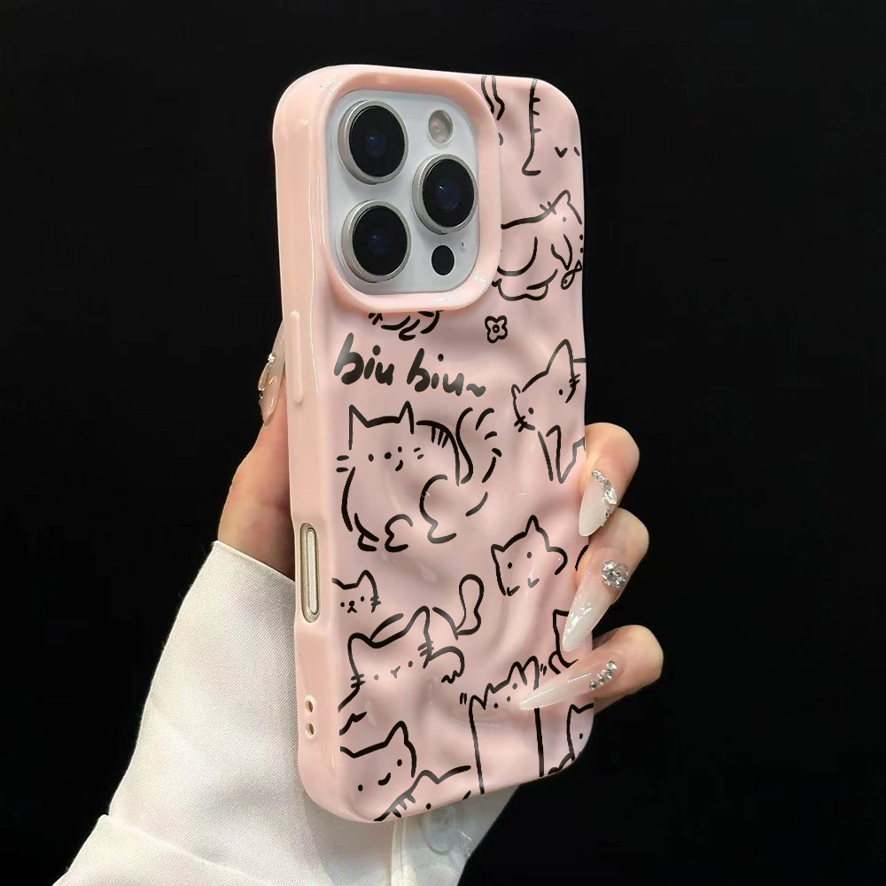 Kawaii Katzenlinien Niedliches Design Weiche Silikon-Handyhülle für iPhone 17 16 15 14 13 12 11 Pro Max 14 Plus 17Air Falten-Wellen-Design – Detail 9