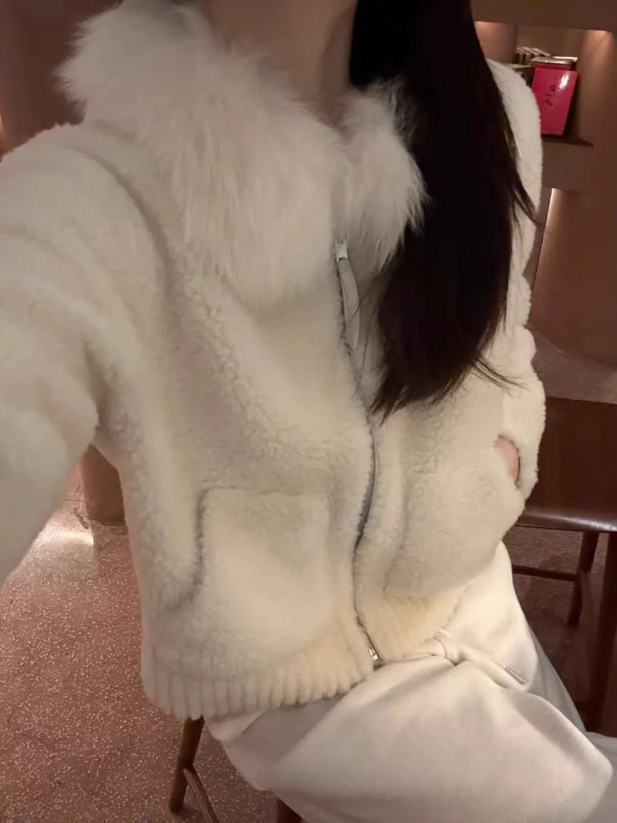 

Ladies' Lamb Fur Jaet Zipper Cardigan with Fur Collar Beige ort Outerwear Warm Commute Sle Loose Fit Fem Outerwear