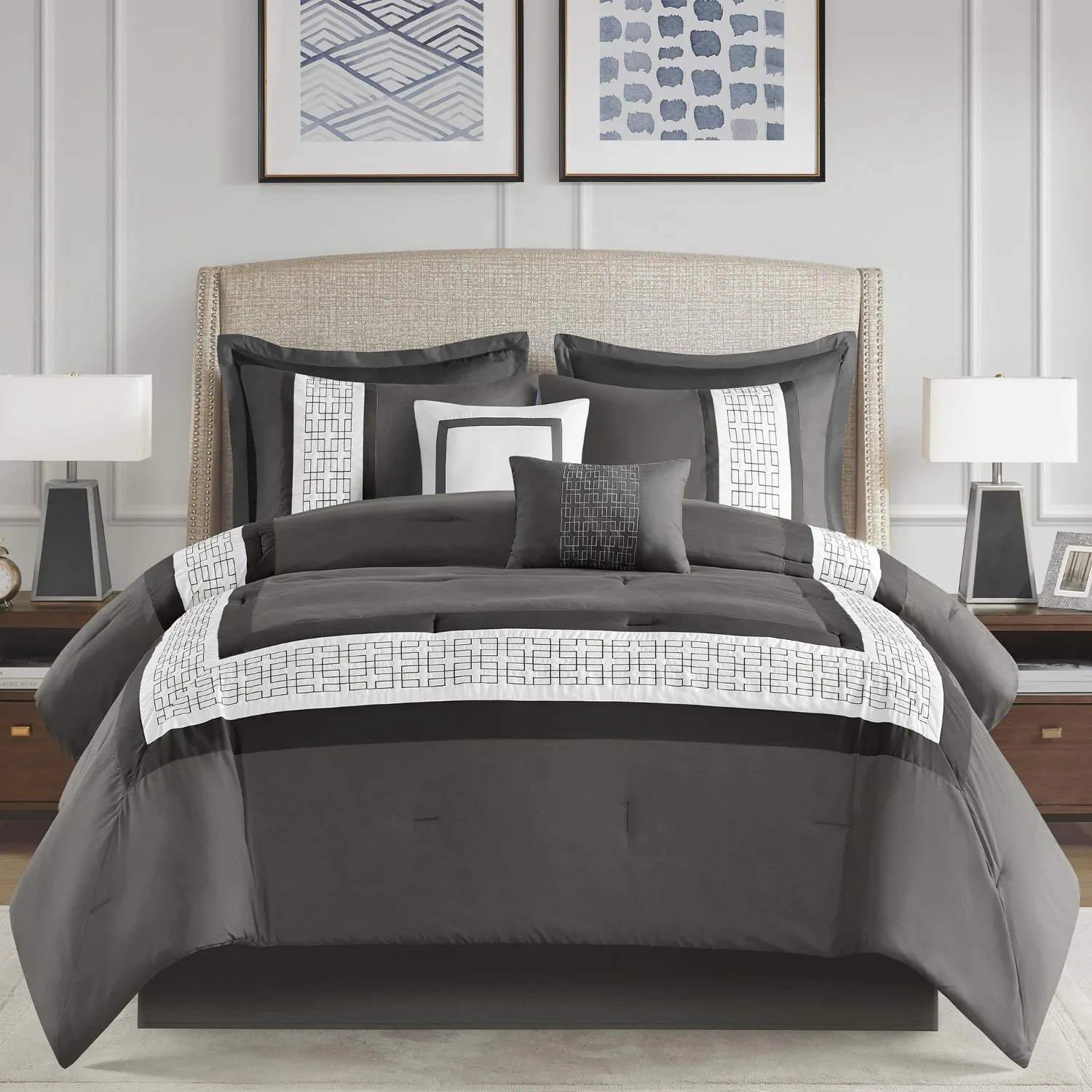 Queen Comforter Set Hotel Style Comforters for Queen Size Bed, Pieced & Embroidered Border, All Season Comforters Queen