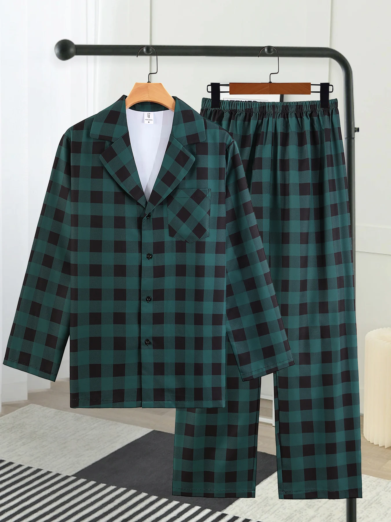 Conjunto de Ropa de Casa para Hombre, Cárdigan con Solapa a Cuadros Verde Oscuro y Negro, Estilo Casual para Primavera y Otoño, Pijama de 2 Piezas