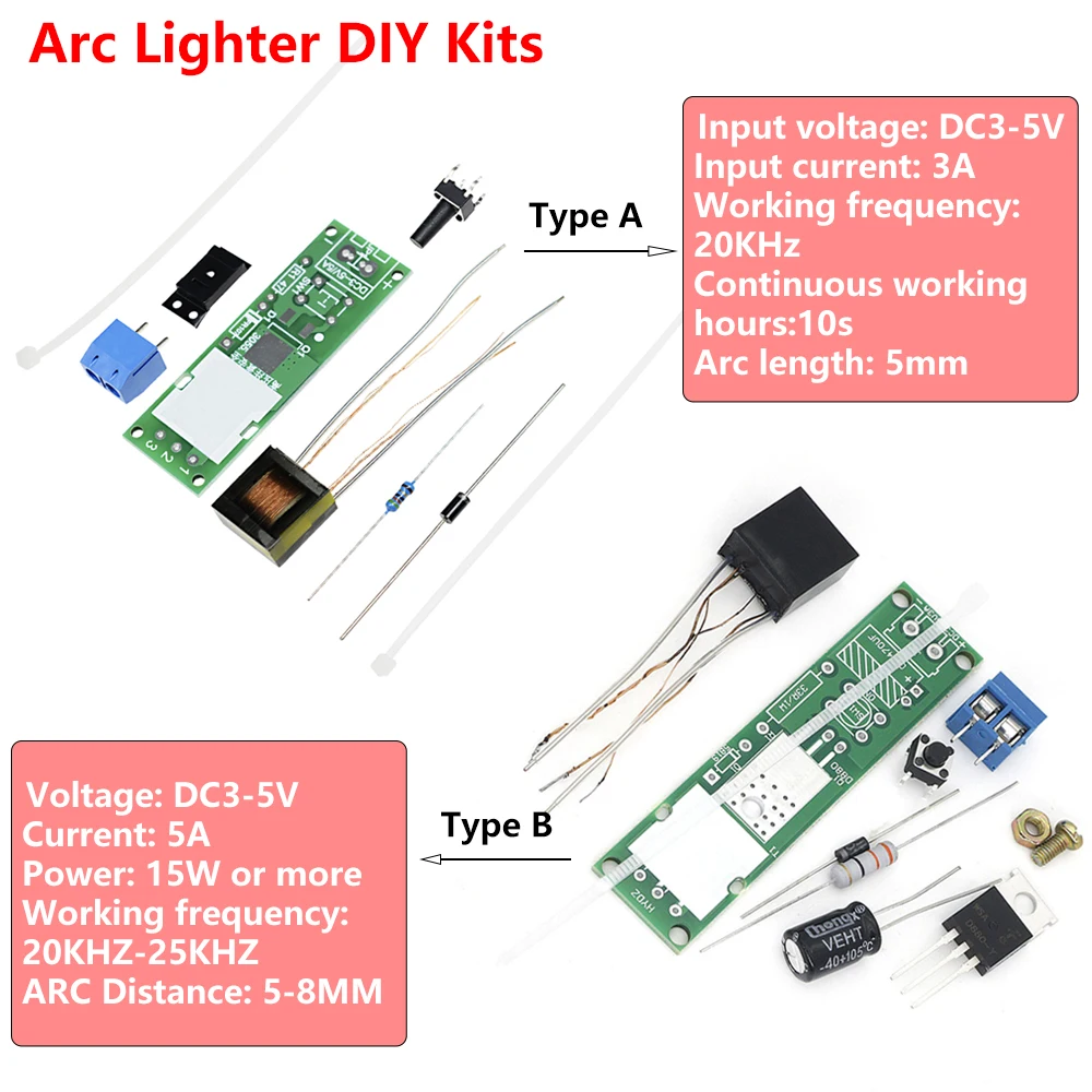 DC3-5V High Voltage Generator Arc Igniter Lighter Kit 3A/5A 5MM/5-8MM Arc Generator Boost Transformer Electronic Production DIY