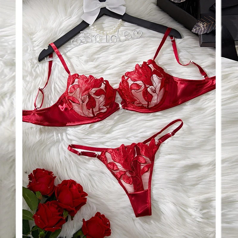 Sexy Lingerie 2 Pieces Delicate Embroidery Fancy Underwear Women Fantasy Bra Kit Translucent Erotic Set Wine Red Sexy Underwear