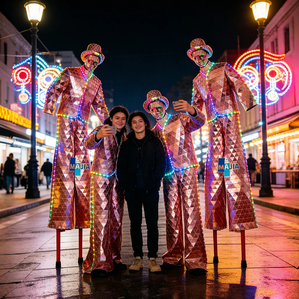 

Pink Mirror LED Stilt Walker Costume Full Body Reflective LED Suit for Nightclub Stage Performance Carnival Parade Event Show