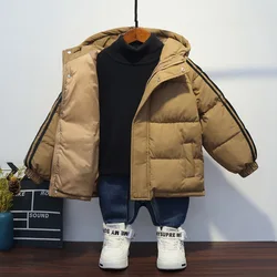 2024 New Autumn Winter Boys Striped Down Jacket Solid Thick Keep Warm Hooded Outerwear For 3-10 Years Kids Cotton-Padded Coat