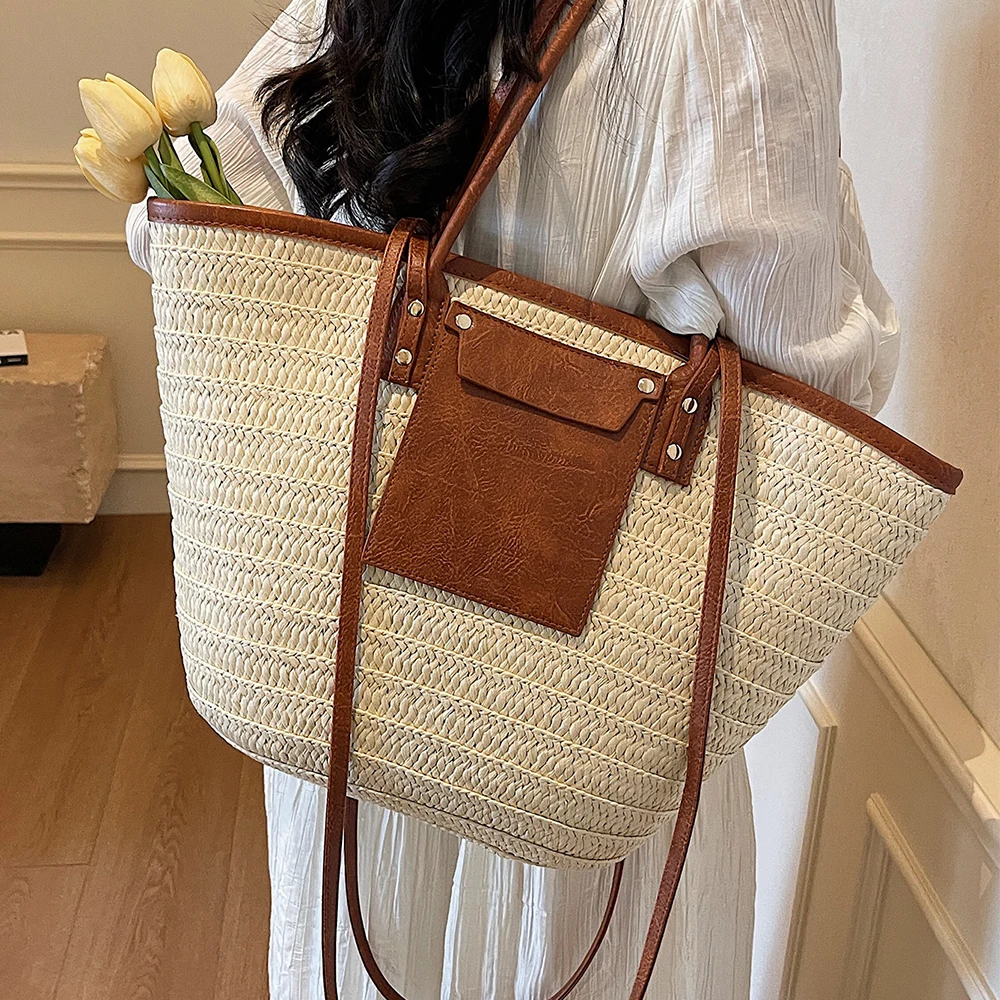 

Bohemian style Large Capacity Straw Woven Tote Bag Summer Beach Shoulder Bag with Leather Trim Vacation Style Handbag Daily Use