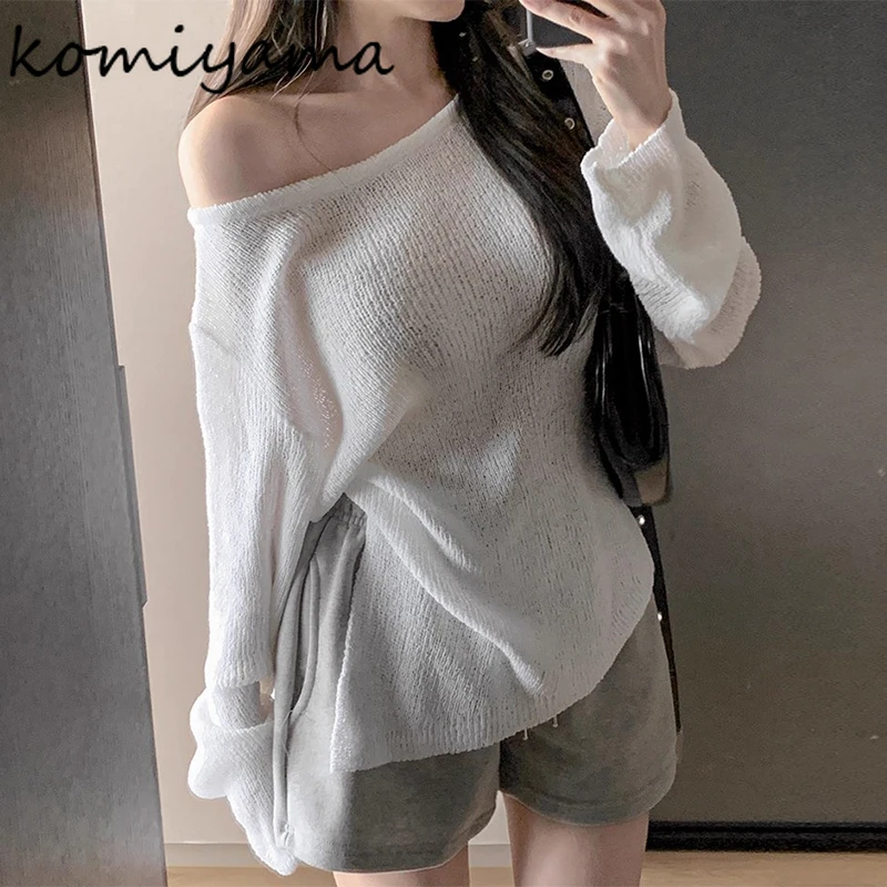 

Skew Collar Off Shoulder Ropa De Muje Korean Lazy Style Sweater Side Split Clothes Woman Irregular Knit Pull Pulls Femmes