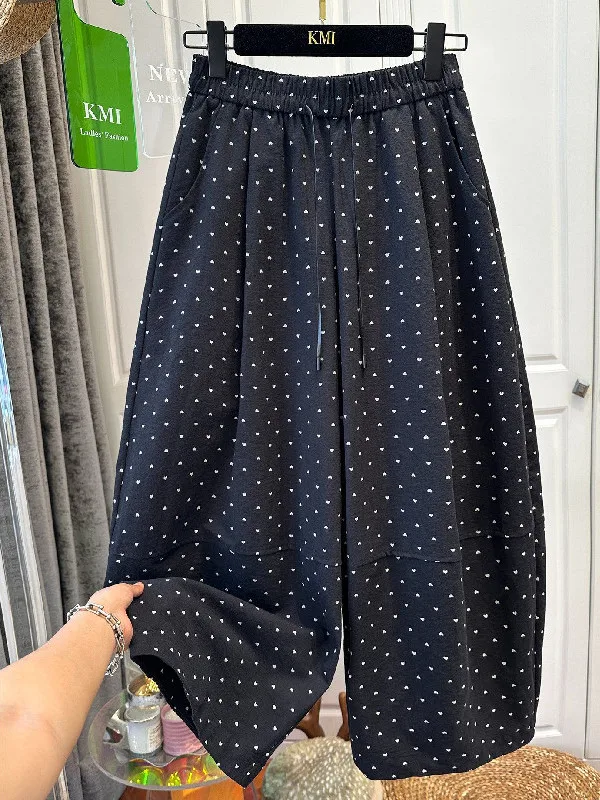 

plus Size Casual Pants Women's Loose Fit Drawstring Heart Print Summer Elastic Waist Bend Knife Pants Color Block Design