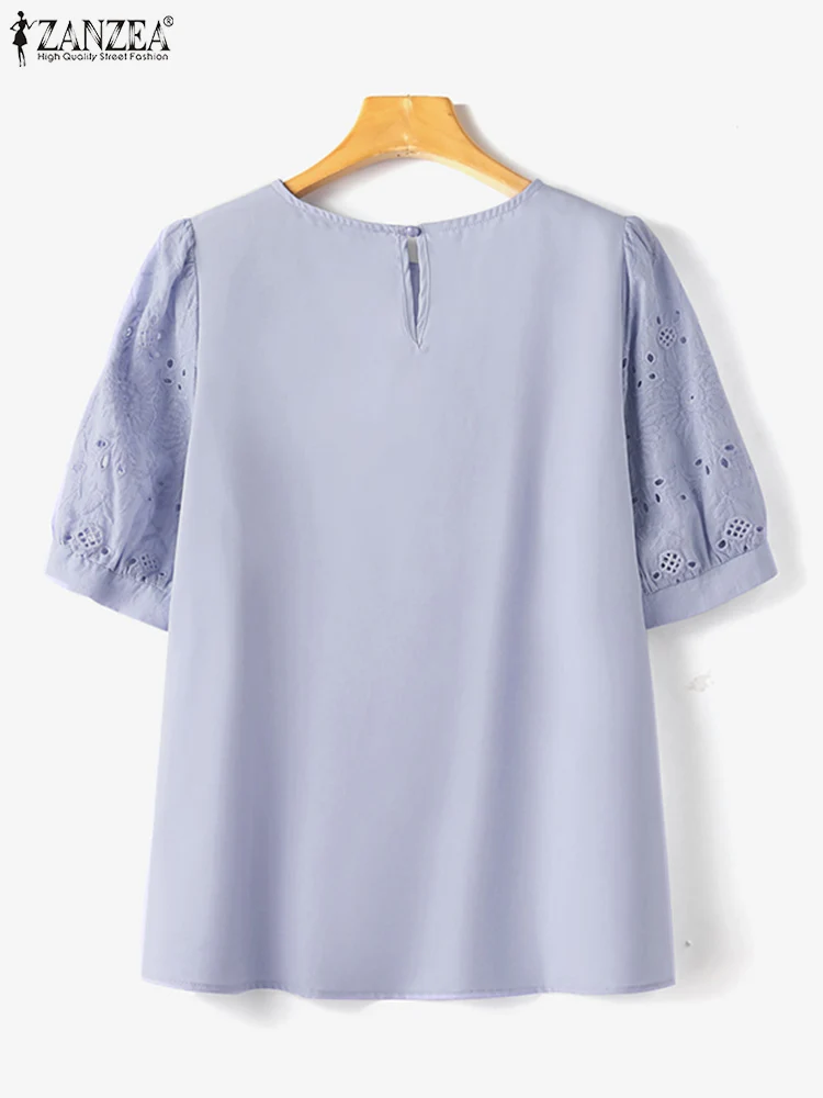 ZANZEA-blusa bordada de encaje para mujer, camisa de manga corta con cuello redondo, Estilo Vintage, informal, ideal para fiesta en la playa, Verano