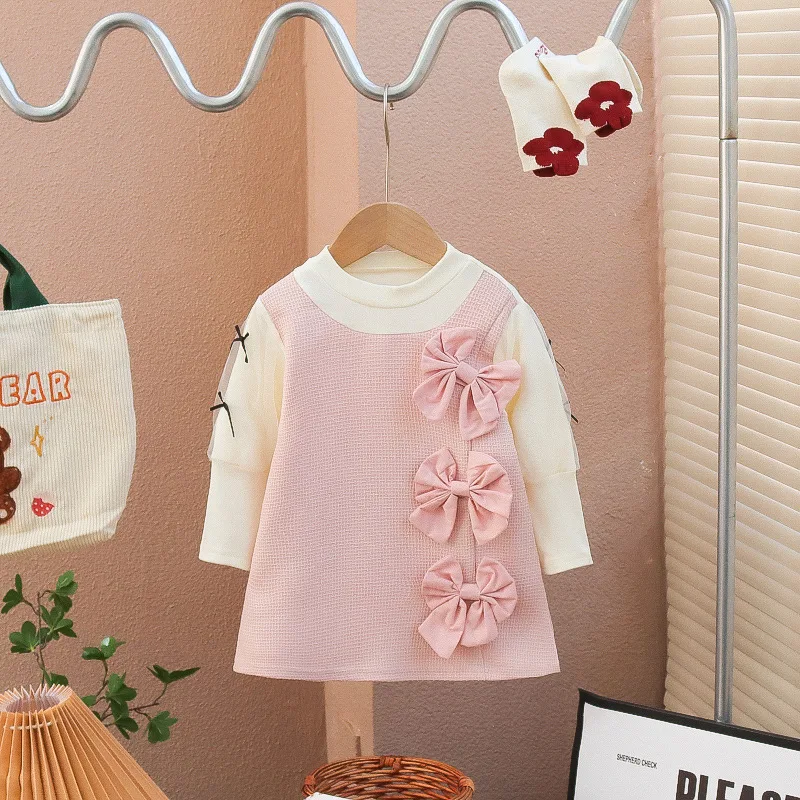 Spring and Autumn New Girls\' Korean Edition Long sleeved Flower Fake Two piece Splicing Dress