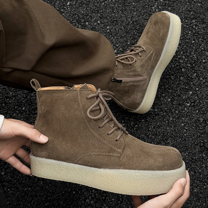 Thick Soled Height Increasing Work Boots for Men Solid Color Anti Suede Lace Up Short Boots for Youth Daily Outdoor Hiking Shoes view 6