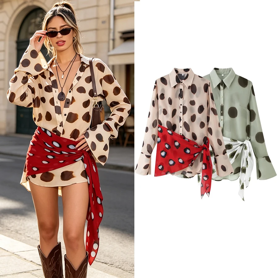 Damen Musikfestival Seidenschal-Trägerkleid mit Patchwork, Sexy Einreihiges Langarm-Kleid mit Polka-Dot-Print für Damen