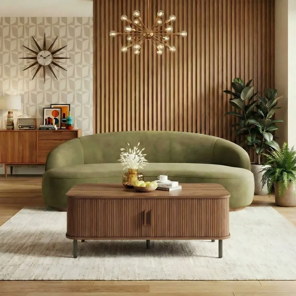

Walnut Rectangular Coffee Table, 47 Inch Fluted Coffee Tables With Cabinets Sliding Doors, MidCentury Modern Coffee Tables, Woo