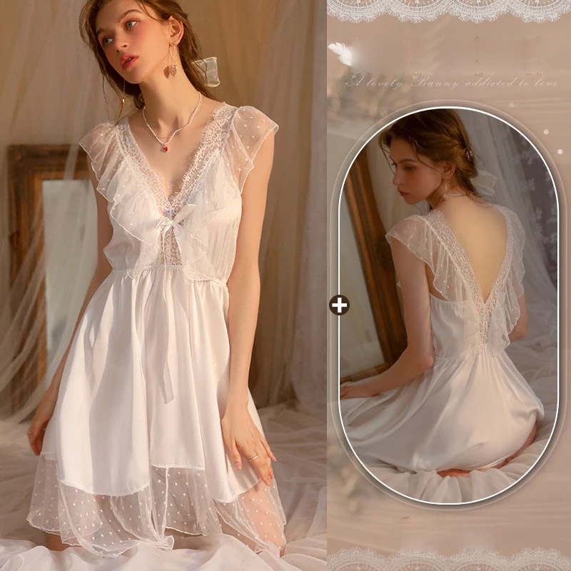 Women Sleeveless Dress Women's Long Nightgown Gril Sexy Sleepwear Lace Summer Nightdress Homewear Nightwear Silk Dresses