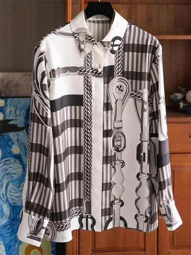 Imagen 2 del producto ZAROY S-4XL Camisas de lujo para mujer, camisa femenina de diseño de marca con estampado Vintage, nuevas Blusas de manga larga con solapa, Camisas elegantes OL 2025