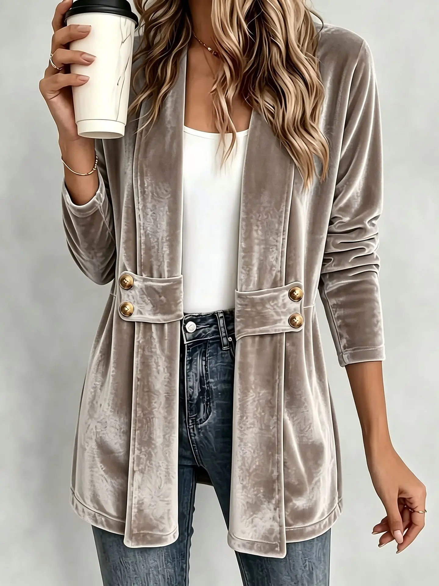 Women Velvet Open Front Cardigan, Long Sleeve Mid Length Coat, Button Decor, Casual Outfit for Daily & Office