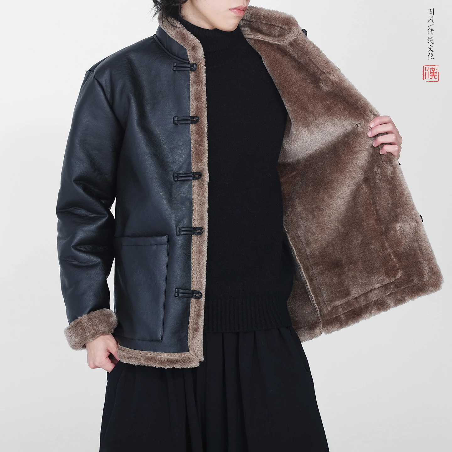 

Winter Men Fleece Jacket Coat Men Stand Collar Button Coat Lapel Long Sleeve Padded Faxu Leather Vintage Men Warm Coat