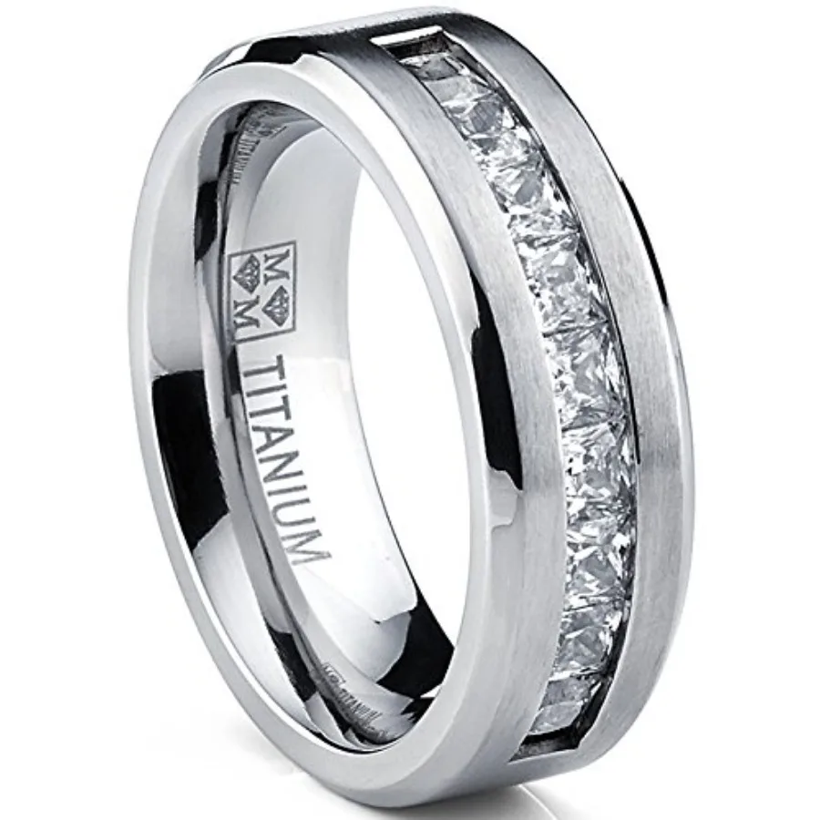 

Metal Masters Titanium Men's 1Ct. Wedding Band Engagement Ring with 9 large Princess Cut Cubic Zirconia