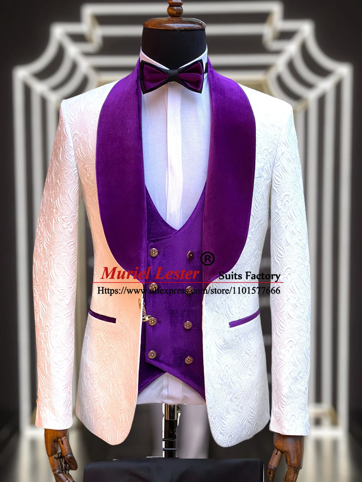 Groom Wear Wedding Suits For Men Ivory Floral Jacquard Blazer Tailore-Made 3 Pieces Formal Banquet Prom Tuxedo Fashion Clothing