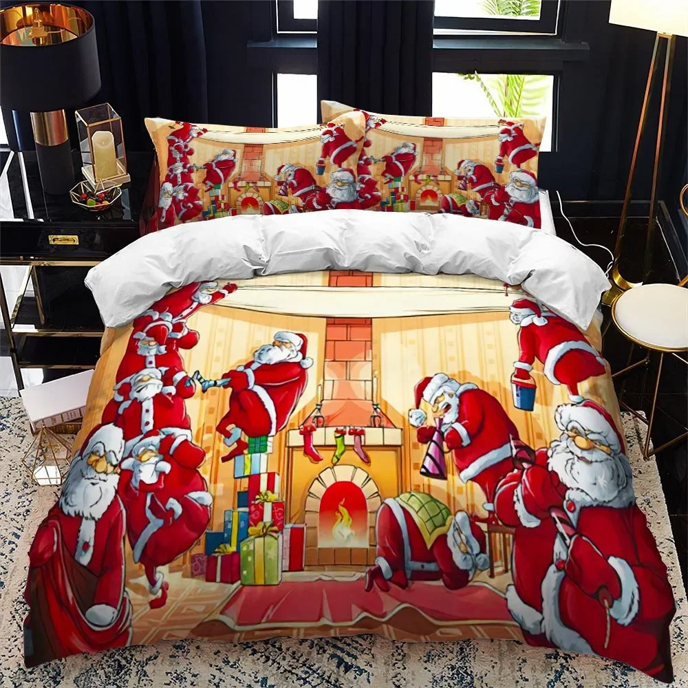 Christmas Polywster Duvet Cover Set King Queen Size Winter Red Santa Claus Gift Merry Christmas for Boys Girls Teens Bedding Set