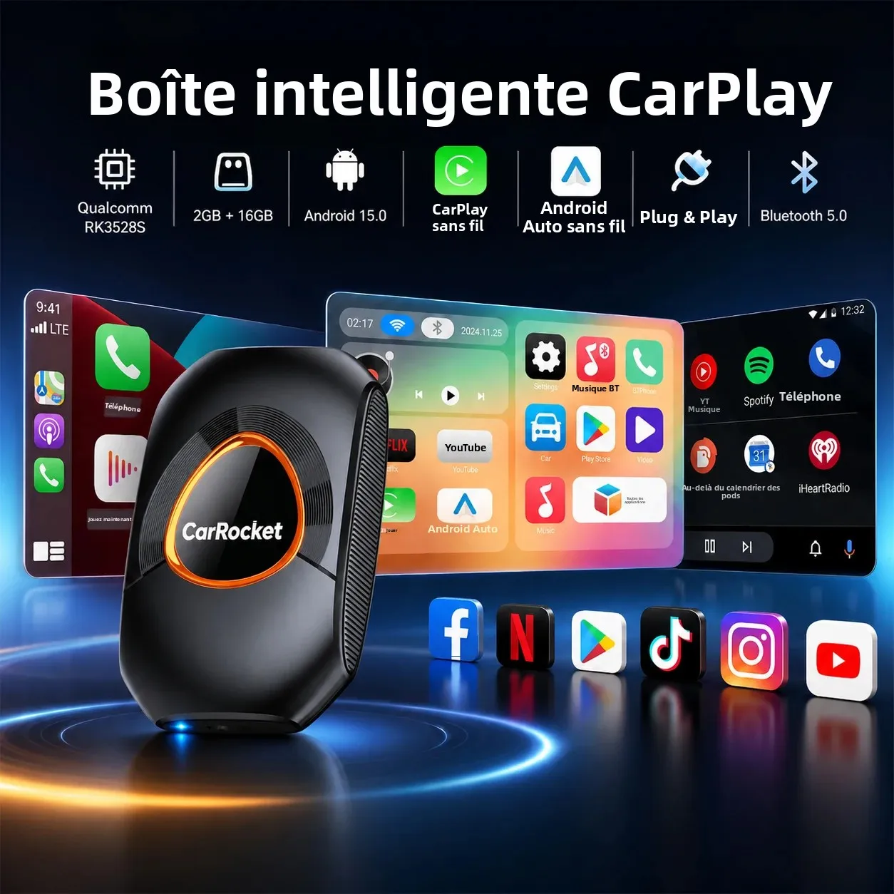 Boîte intelligente Android 15 Carplay, adaptateur sans fil Android Auto pour Youtube Netflix pour Lexus Frod Toyota VW Benz Kia MG Haval Fia