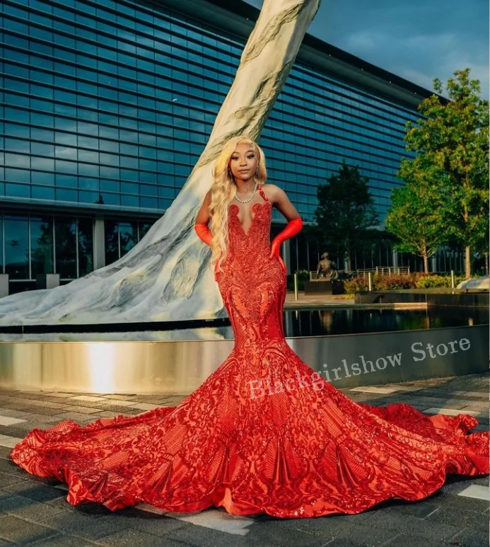 Vestido de graduación de sirena roja con cuentas deslumbrantes para niña, apliques negros, fiesta de cumpleaños, vestido de Reina, vestidos formales para ocasiones para niñas