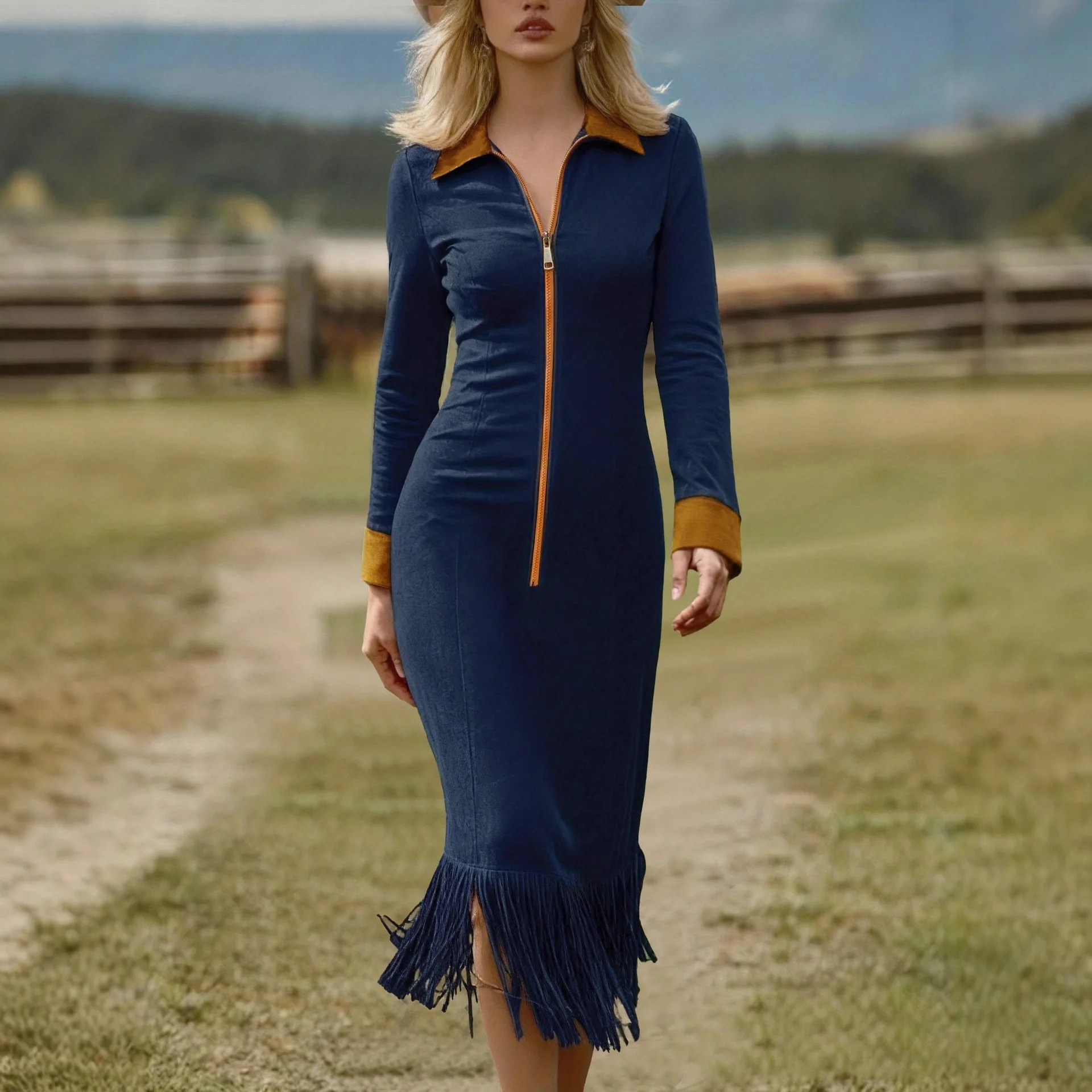 

New European And American Amazon Women's Vintage Western-Style Fringe Faux Color-Block Long-Sleeve Slim-Fit Dress