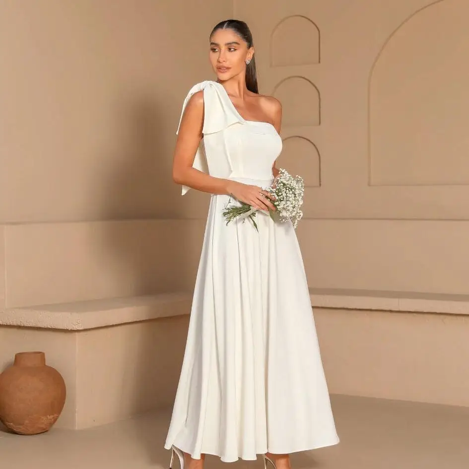 

White Wedding Party Bridesmaid Dresses Satin One-Shoulder A-line Ankle-Length Evening Dress Plain Simple Women's Prom Gowns