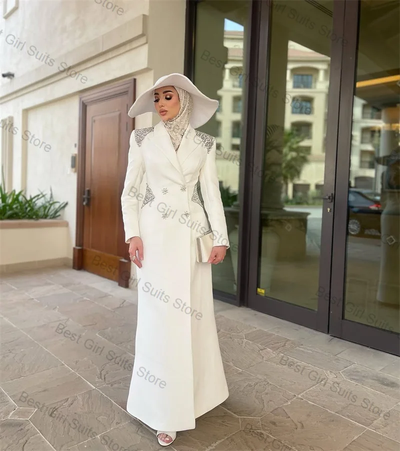 

White Women Suit 1 Pcs Long Blazer Prom Dress Luxury Stone Crystals Autumn Formal Office Lady Jacket Customized Wedding Coat