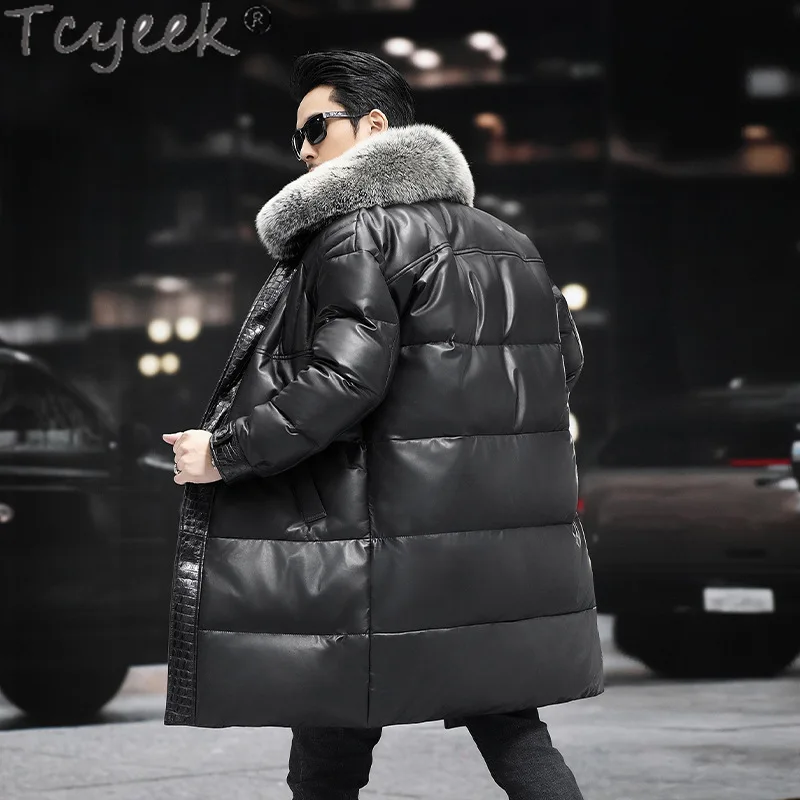 Tcyeek Genuine Leather Jacket Men Winter Warm Sheepskin Coats Long 90% Goose Down Coats Mens Clothes Loose Style Fox Fur Collar