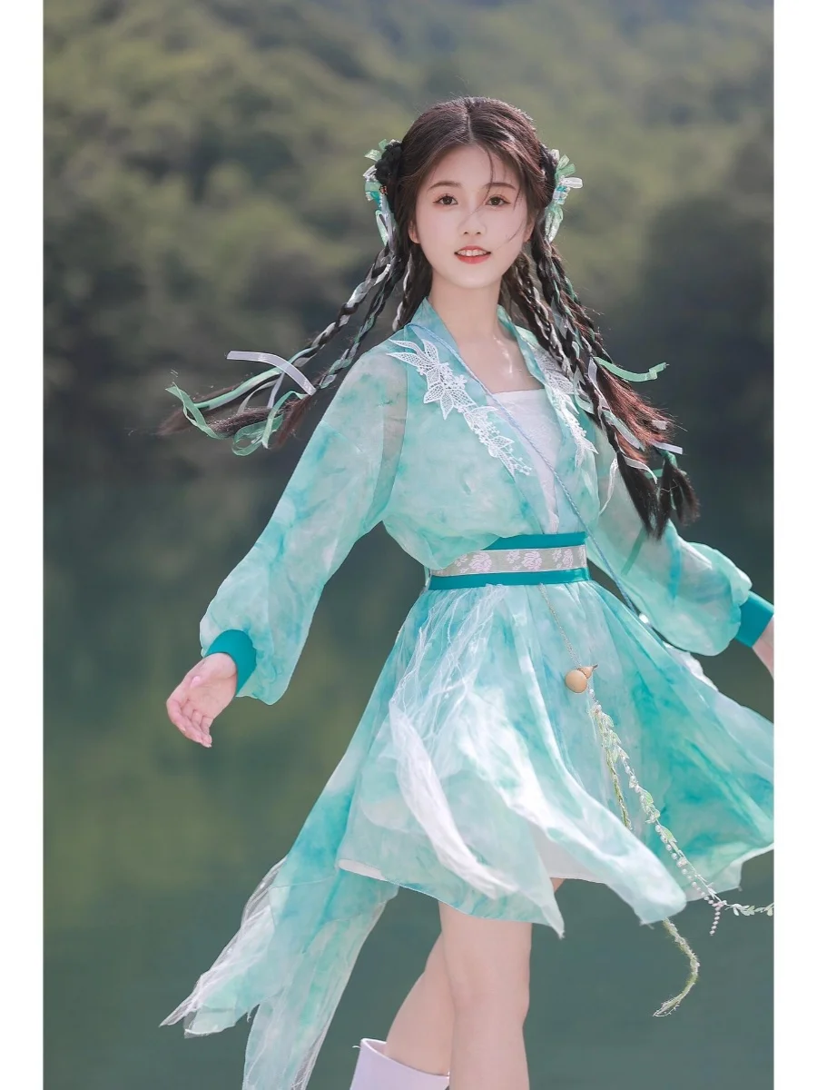 

Retro Chinese Martial Arts Style Women's Waist-Length Hanfu Costume Set Summer Improved Version Traditional Cultural Clothing
