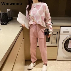 Korean Print Knitted Pants 2 Piece Set Women Fashion O-neck Pullover Conjunto Spring Fall Casual Jogger Pantalones Outfits