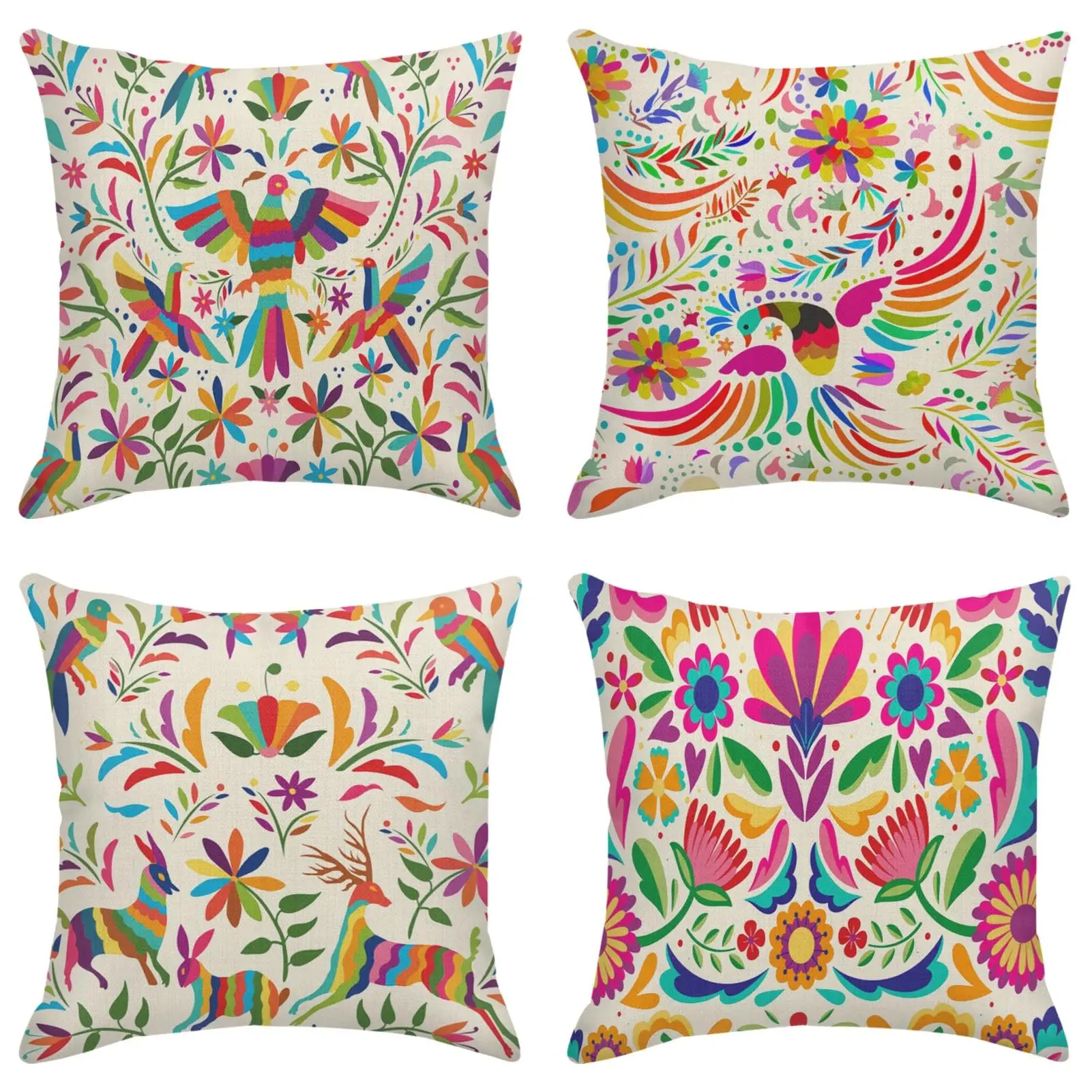 

Set of 4 Throw Pillow Cases 18 x 18 " Pillow Covers Cushion Couch Sofa Pillowcases Mexican Colorful Ethnic Birds Flowers