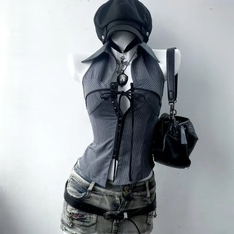 

American Retro Striped Sleeveless Vest Subculture Polo Collar Slim Shirt Street Vintage Fashion Tops Women Sexy Hottie Clothing