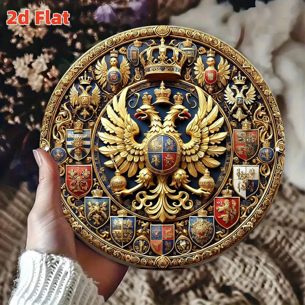 Emblema Vintage de Escudo Real, Decoración de Pared 2D, Escudo Medieval de Aluminio Resistente con Doble Águila y Kit de Instalación para Oficina en Casa