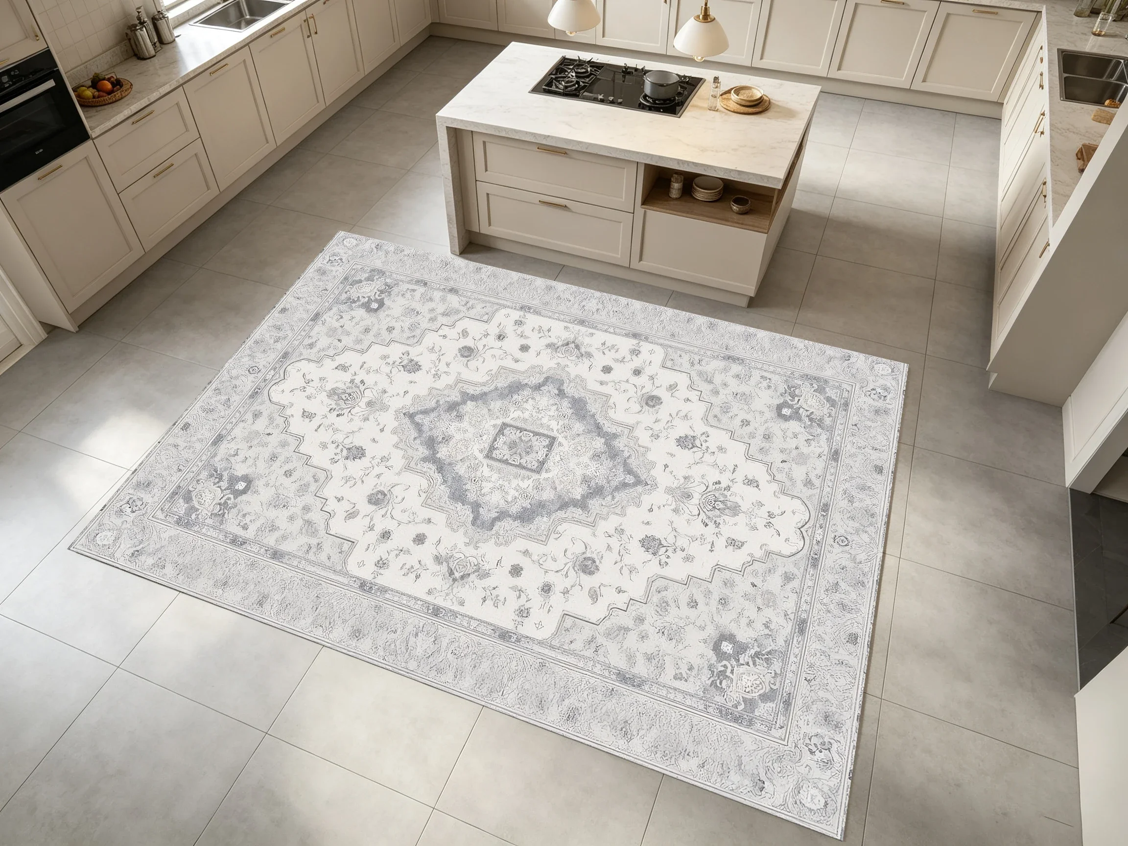 2D Velvet Rug in Light Beige-Gray with Vintage Persian Pattern Soft, Comfortable, and Suitable for Living Rooms and