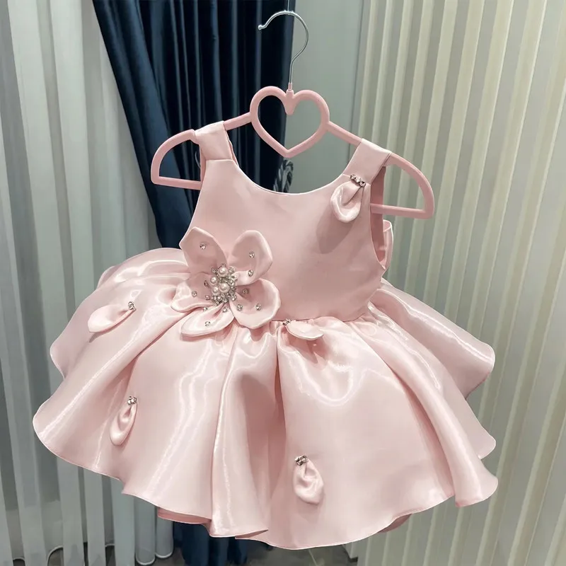 Girls Satin Birthday Baptism Pink Princess Ball Gown Children Cute Pink Host Party Dress y1816