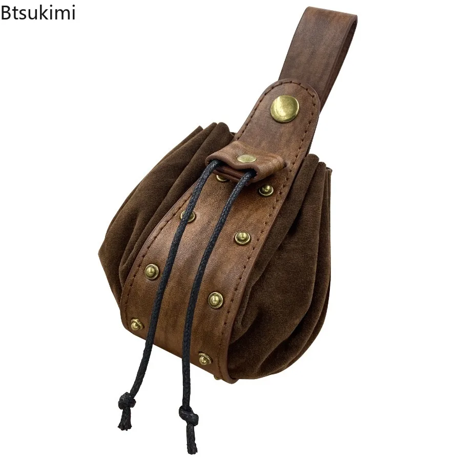 

Vintage Medieval Viking Leather Drawstring Bag Middle Ages Portable Coin Purse Halloween Costume Accessories Rivets Belt Bag