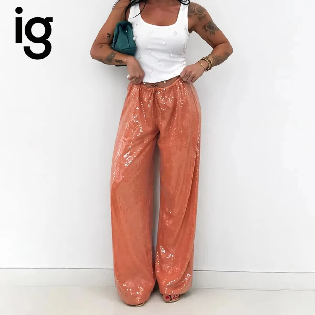 IG 2026 Women's Full Sequin Wide Leg Trousers, Elastic Drawstring Waistband Loose Straight Floor Length Glitter Party  Pants