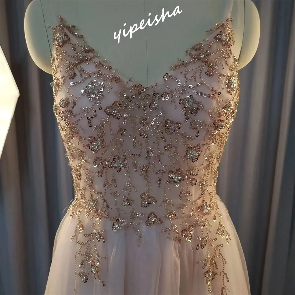 Yipeisha Prom Dress Exquisite Spaghetti Strap A-line Floor Length  Dresses Rhinestone Beading Tulle Customized 