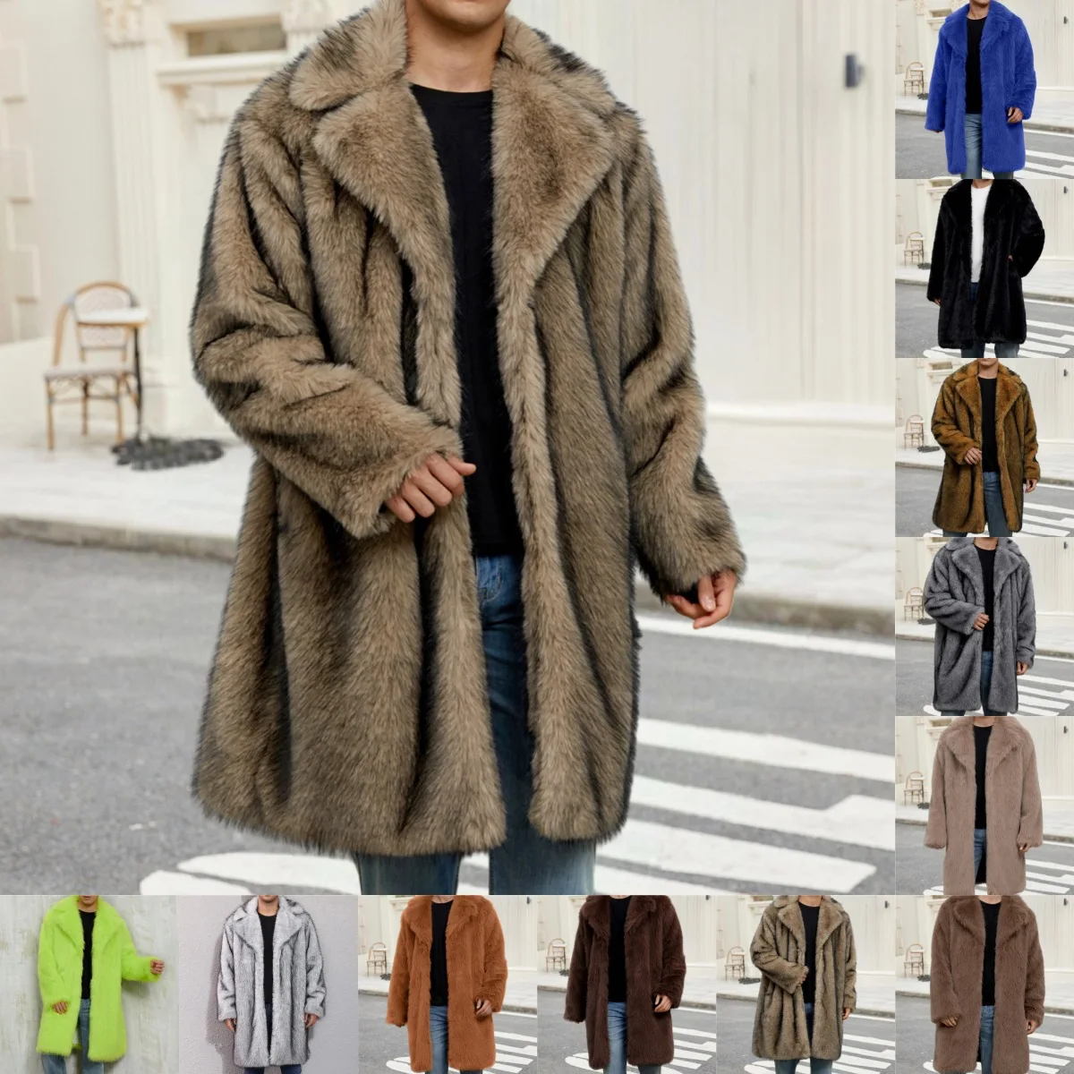 Men Faux Fox Fur Coats Thick Overcoats Jackets Long Sleeves Turn Down Collar Open Stitch Straight Maxi Casual 2025 Autumn Winter