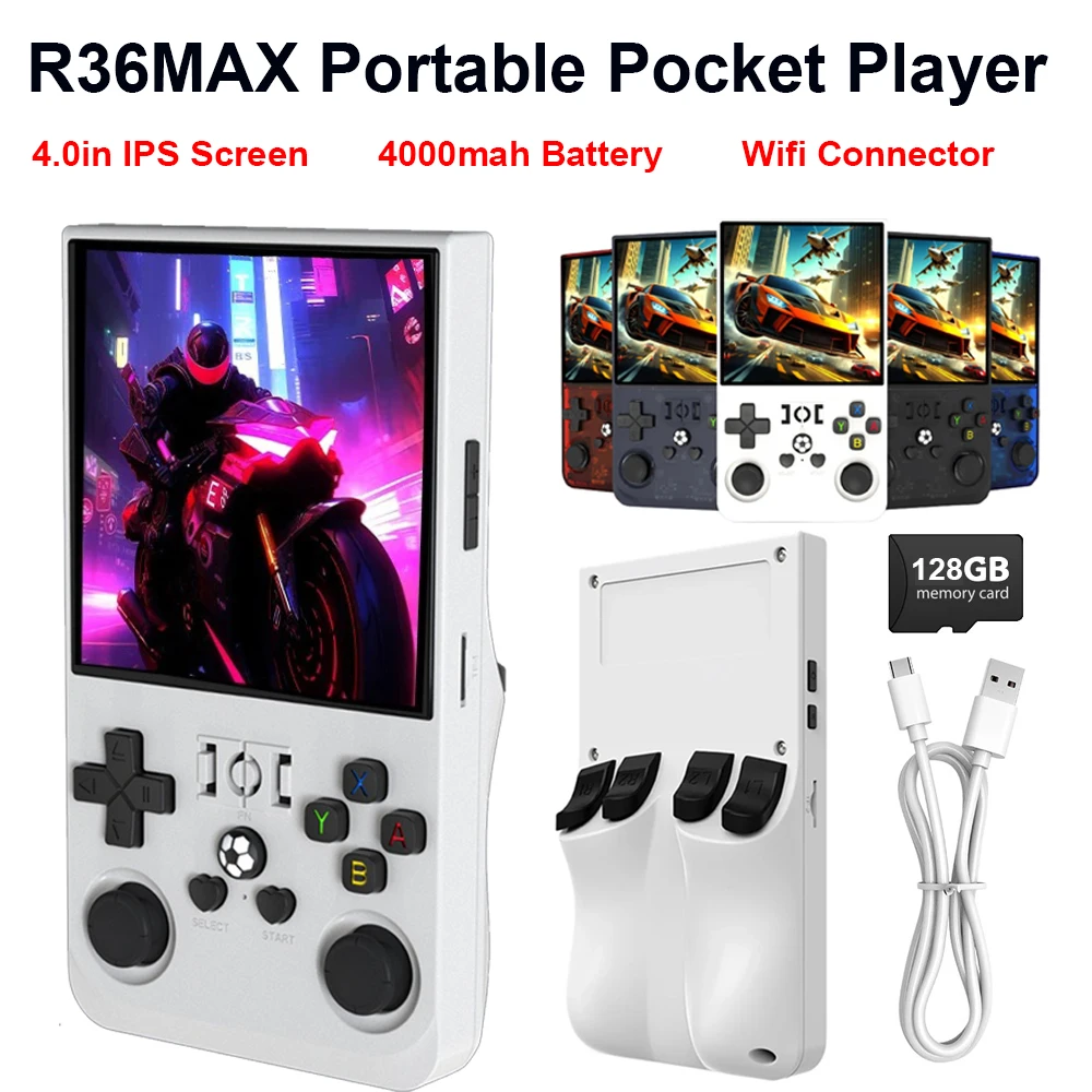 مشغل ألعاب فيديو محمول R36MAX بشاشة 4.0 بوصة IPS وحدة تحكم 720x720 جيجابايت وجيب محمول يدعم أكثر من 30 محاكيات 12800+ ألعاب