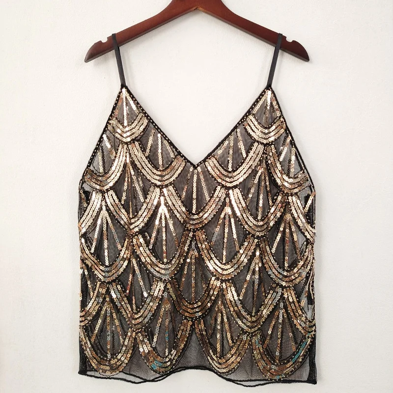 Mulheres sexy ver através de regata brilhante sem mangas com decote em v floral lantejoulas camisola dança rave outfits