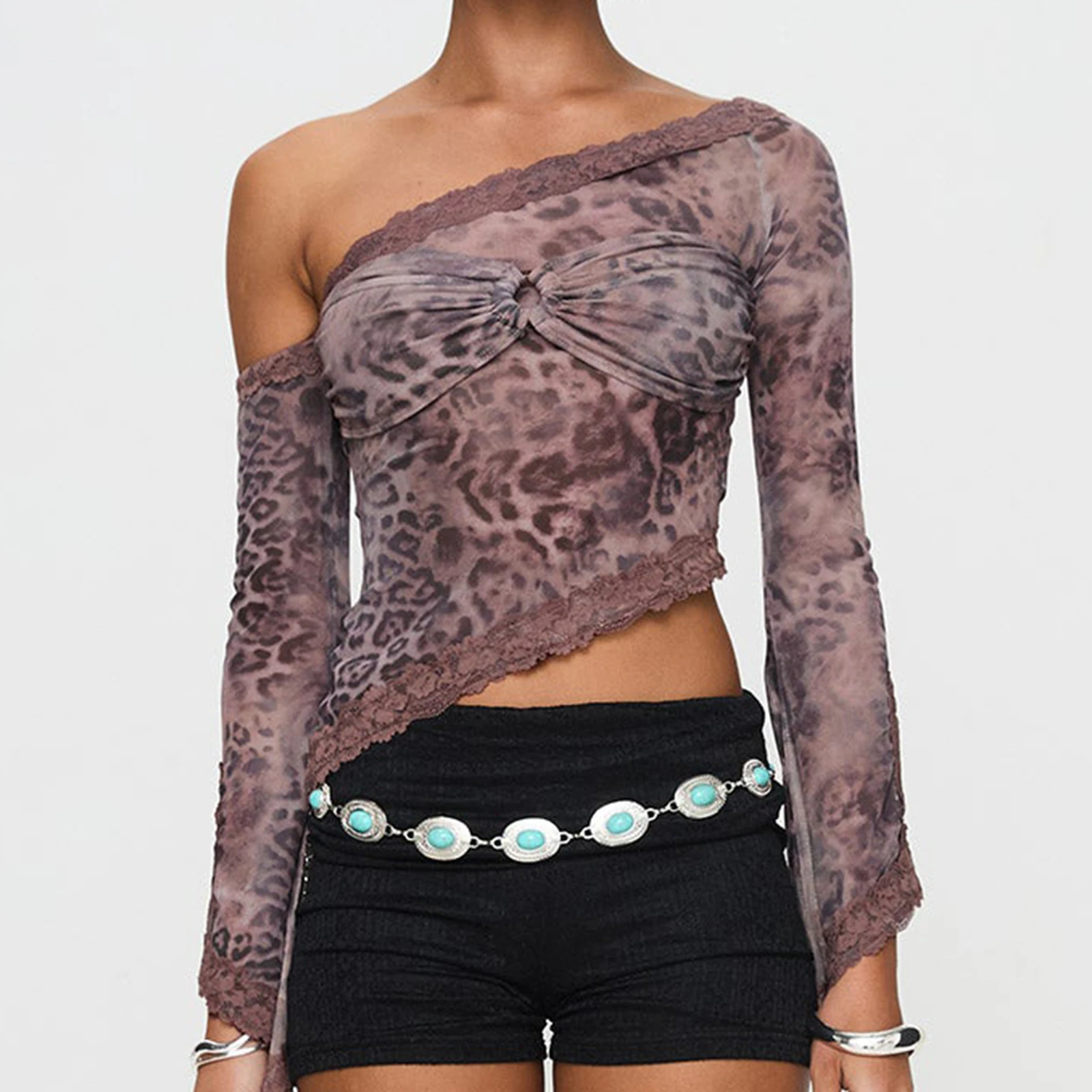 ผู้หญิงเสือดาวพิมพ์เสื้อฤดูใบไม้ผลิฤดูร้อนแขนยาว Slash คอหนึ่งไหล่เสื้อเด็กทารก Tees Y2k Pullovers Clubwear