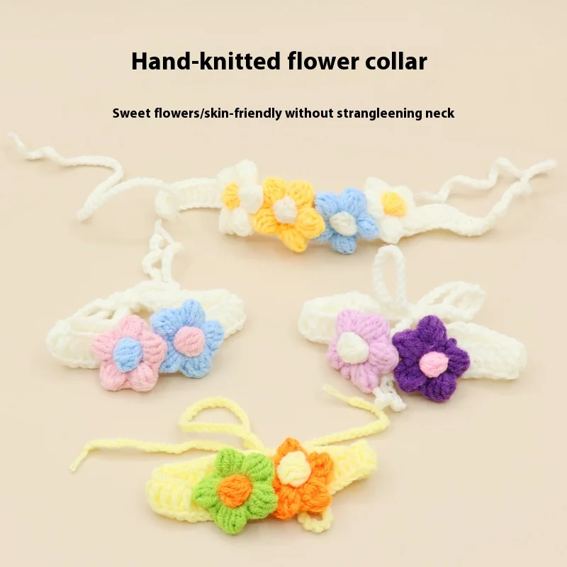 طوق الحيوانات الأليفة المنسوج يدويًا على شكل زهرة - وشاح محبوك قابل للتعديل للقطط والكلاب، إكسسوار عصري ولطيف #3