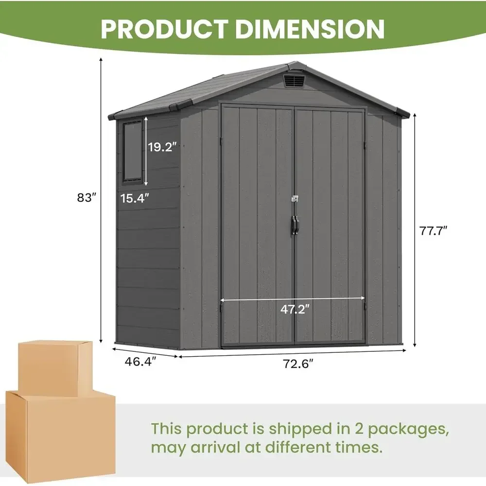 6x4ft Outdoor Plastic Storage Shed with Floor, Lockable Double Doors, Window & Vents, Suitable for Garden, Backyard, Patio - Gra
