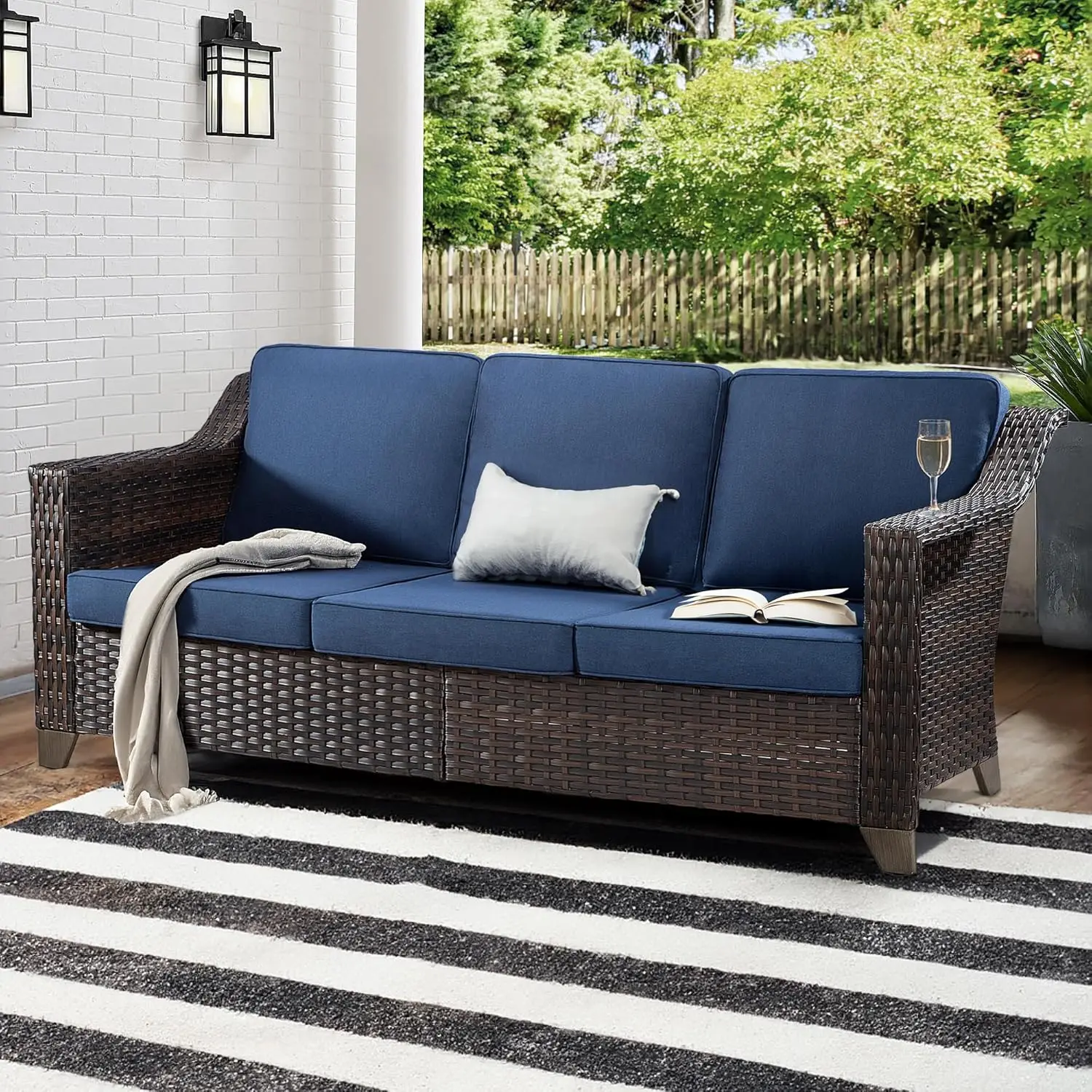 

Patio Sofa, All Weather Outdoor Rattan Wicker 3-Seat Sofa High Back Couch with Premium Cushions for Garden Backyard Porch