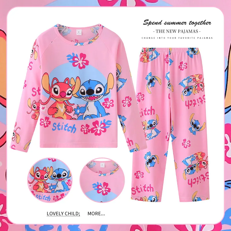 Spring Autumn Disney Stitch Kids Pajamas Cute Anime Cartoon Angel Kawaii Home Two Piece Set Soft Pajama Pants Boys Girls Gifts